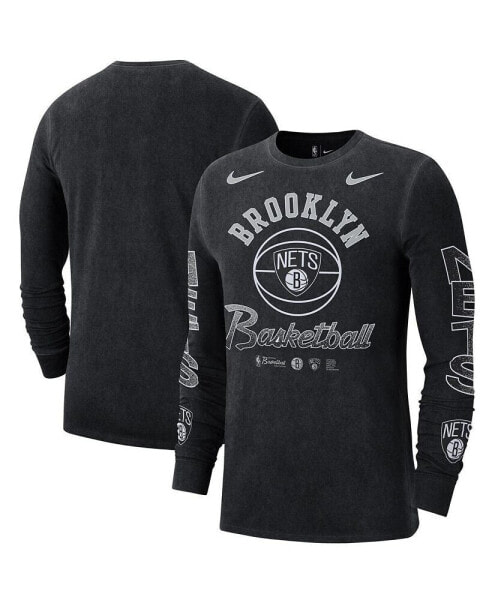 Men's Black Distressed Brooklyn Nets Courtside Retro Elevated Long Sleeve T-shirt