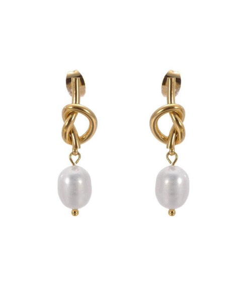 Gold Knot Earrings with Pearl Dangle