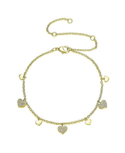 Sterling Silver 14K Gold Plated Cubic Zirconia Heart Charm Bracelet