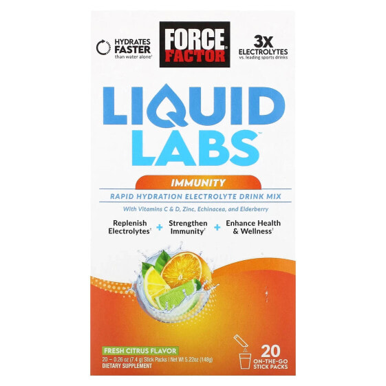 Электролиты быстрого гидратации Force Factor Liquid Labs Immunity, набор из 20 пакетиков по 7,4 г, свежий цитрус, 0,26 унции (7,4 г) каждый