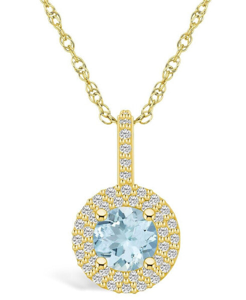 Aquamarine (1-1/4 Ct. T.W.) and Diamond (3/8 Ct. T.W.) Halo Pendant Necklace in 14K Yellow Gold