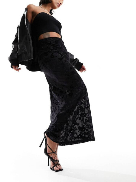 Miss Selfridge burnout mid rise maxi skirt in black