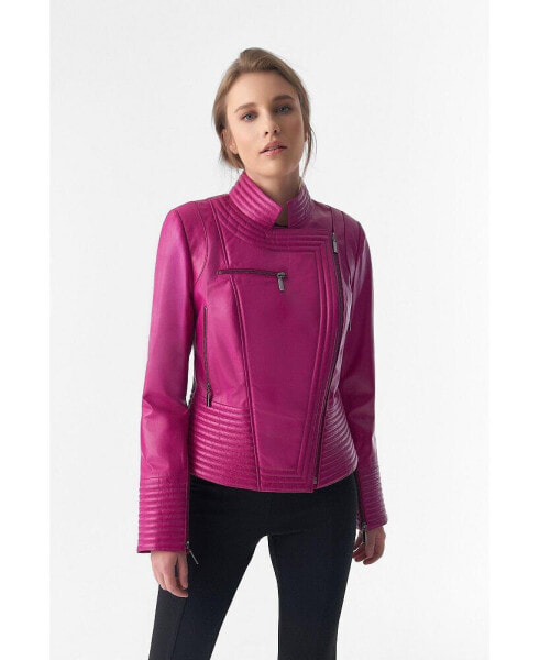 Women's Genuine Leather Riser Biker Jacket, Fuchsia