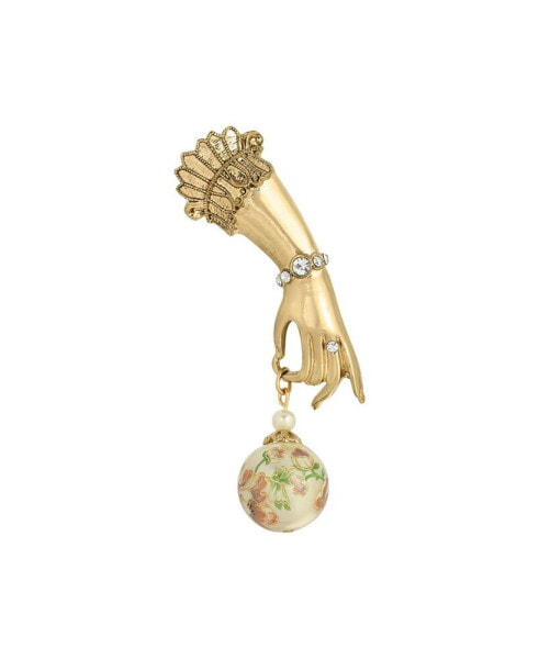 Gold Tone Ladies Hand Pin with Flower Bead Charm
