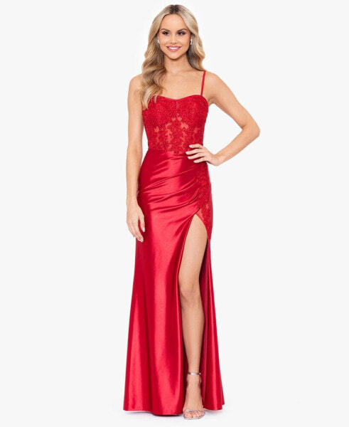 Juniors' Satin Sequined-Lace Corset Gown