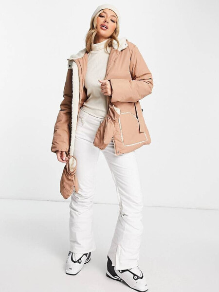 Missguided Ski borg lined puffer jacket with mittens in camel