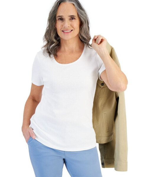 Petite Cotton Scoop-Neck Short-Sleeve Top, Created for Macy's