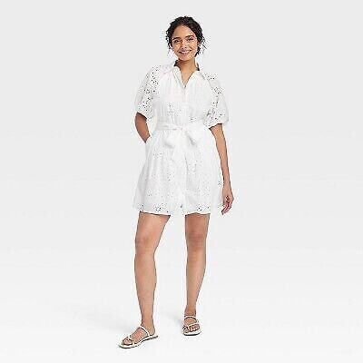 Women's Eyelet Balloon Elbow Sleeve Mini Shirtdress - A New Day White XL
