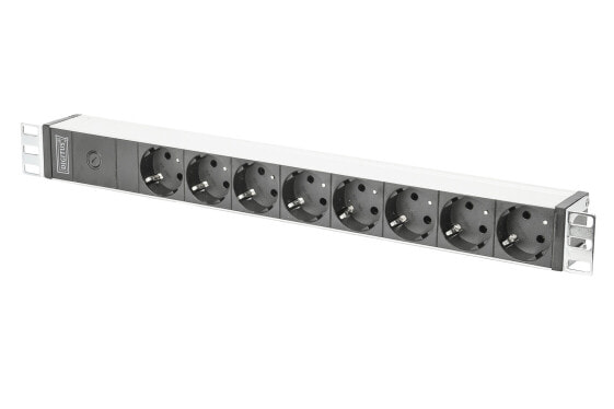 DIGITUS aluminum outlet strip with pre-fuse, 8 safety outlets, 2 m supply IEC C14 plug