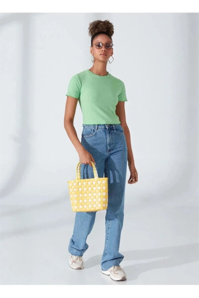 Kadın Giyim Crop Tişört Kısa Kollu Dik Yaka 3SAK50007EK Yeşil Yeşil