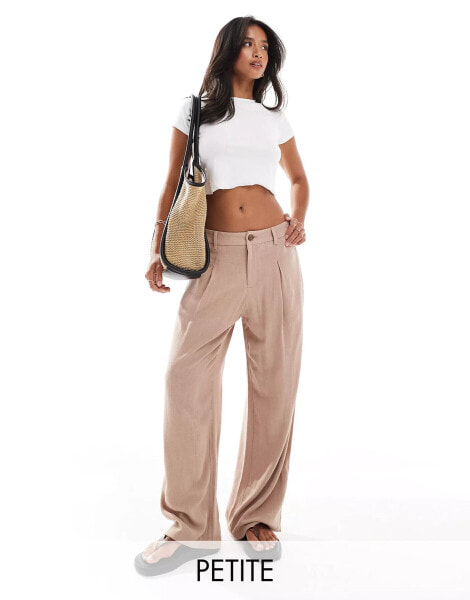 Miss Selfridge Petite linen blend tailored wide leg trouser in taupe