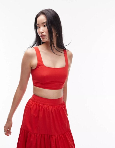 Topshop co-ord taffeta square neck crop top in red