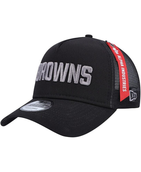 Men's x Alpha Industries Black Cleveland Browns A-Frame 9FORTY Trucker Snapback Hat