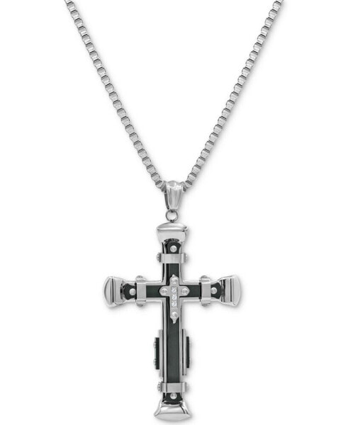 Men's Cubic Zirconia Two-Tone Cross 24" Pendant Necklace in Stainless Steel & Black Ion-Plate