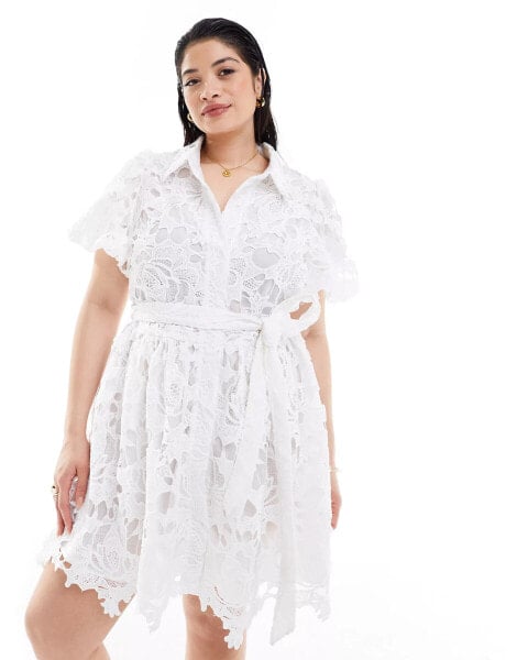 In The Style Plus lace applique puff sleeve belted mini shirt dress in white