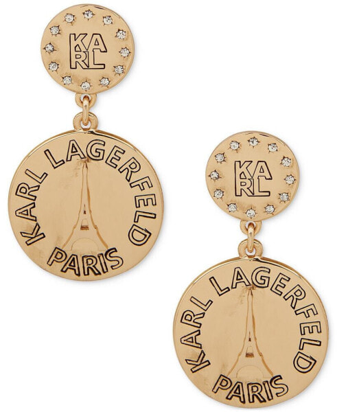 Gold-Tone Crystal Logo Circle Coin Drop Earrings