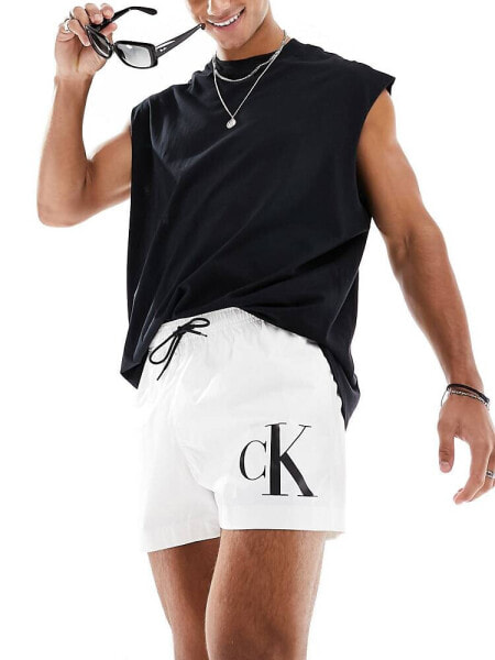 Calvin Klein monogram short drawstring swim short in white