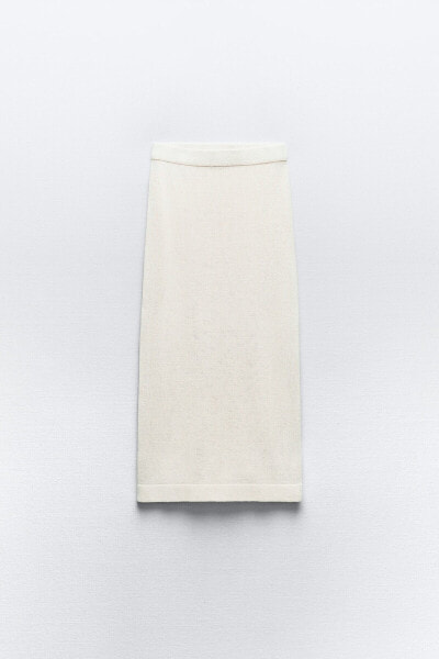 Linen blend plain knit midi skirt