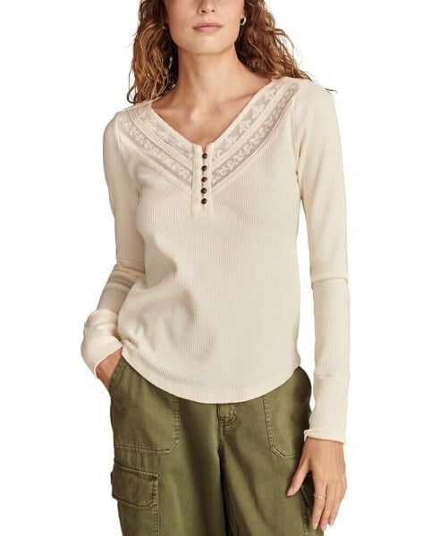 Women's Embroidered Mesh Henley Top