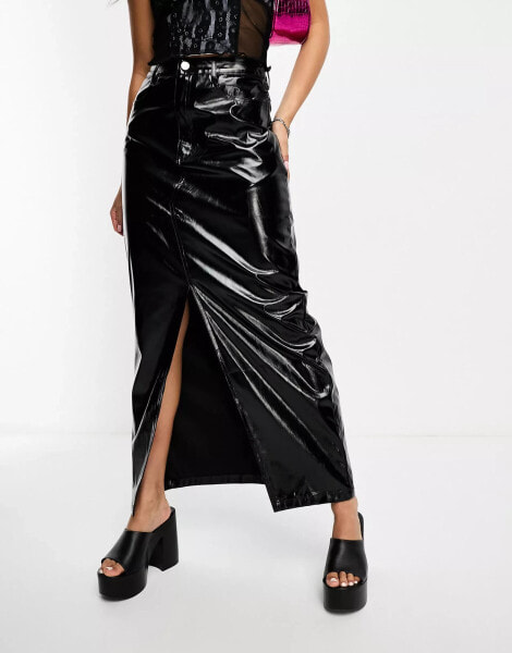 Amy Lynn – Lupe – Maxirock in Metallic-Schwarz mit Schlitz vorne