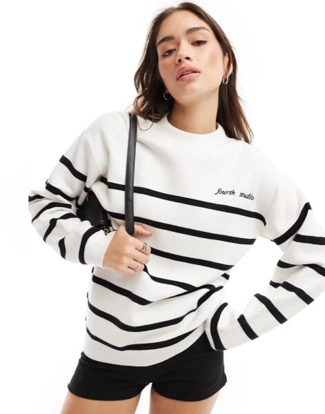 4th & Reckless knitted crew neck jumper in cream stripe