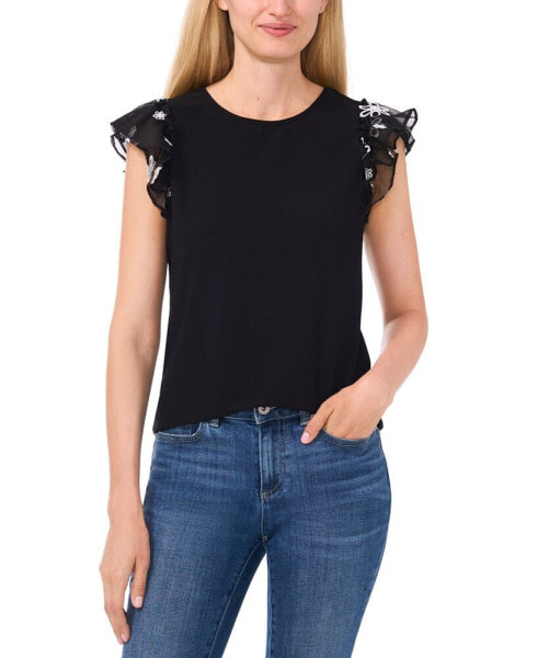 Women's Mixed-Media Double-Ruffle Flutter-Sleeve Knit Top