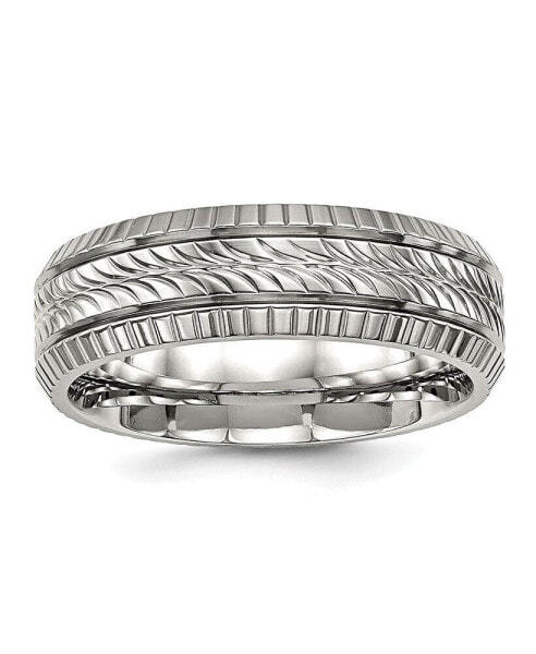 Stainless Steel Polished and Textured 7mm Grooved Band Ring