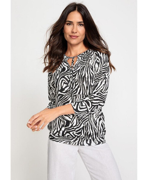 Women's Cotton Blend 3/4 Sleeve Zebra Print Tie-Neck T-Shirt containing TENCEL[TM] Modal