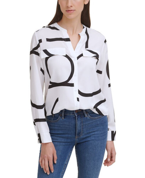 Long Sleeve Logo Button Front Blouse