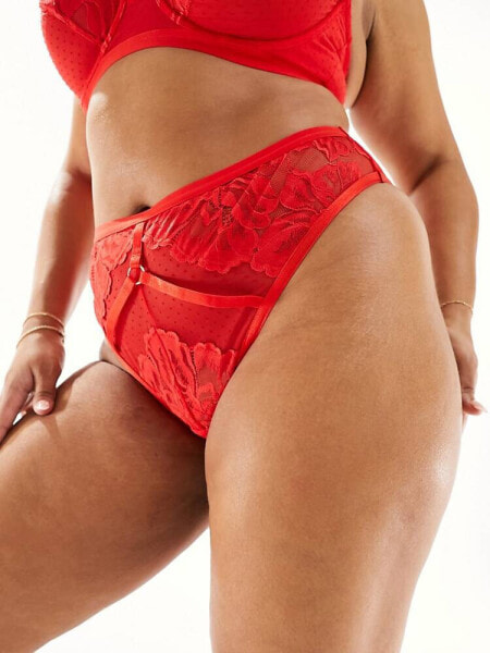 ASOS DESIGN Curve Kaye lace and spot high waisted thong in red