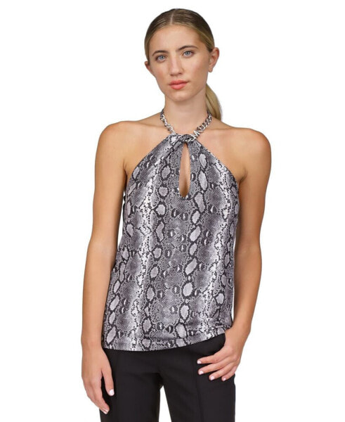 Women's Snakeskin-Print Chain-Neck Halter Top