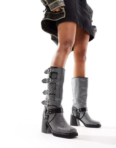 Azalea Wang Bronson1 biker boot with embellished buckles in black