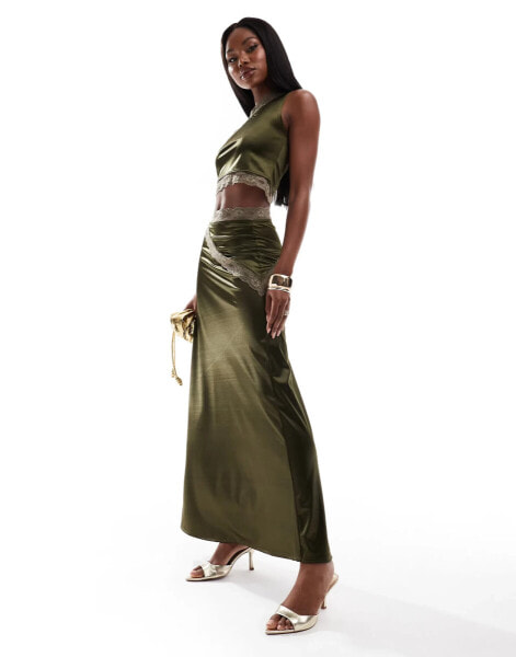 ASOS DESIGN co-ord lace trim stretch satin fishtail maxi skirt in khaki