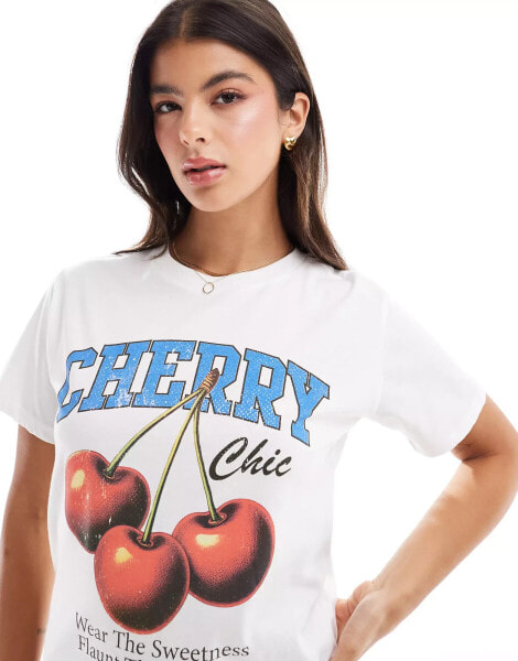 Stradivarius cherry detail graphic t-shirt in white