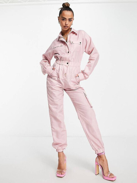 Miss Selfridge parachute cargo jumpsuit in dusky pink