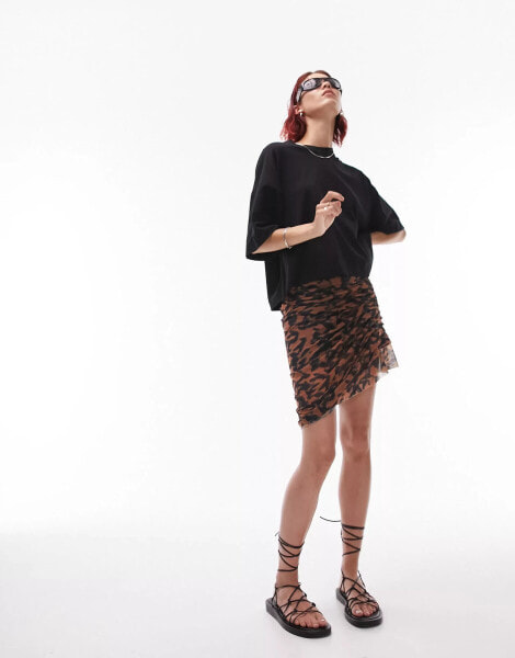 Topshop Tall ruched animal print asymmetric mini skirt in multi