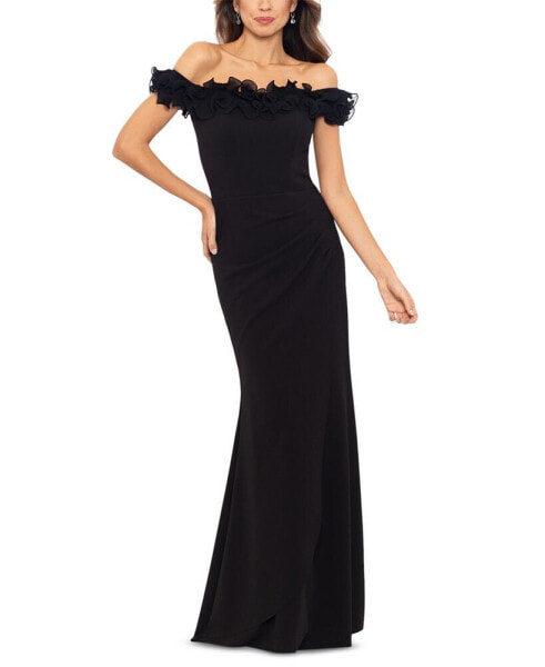 Women's Scuba-Crepe Ruffled Off-The-Shoulder Fit & Flare Gown