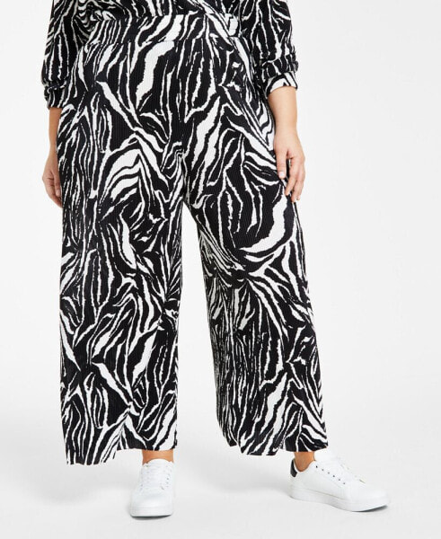 Plus Size Printed Plisse-Knit Pull-On Pants, Created for Macy's
