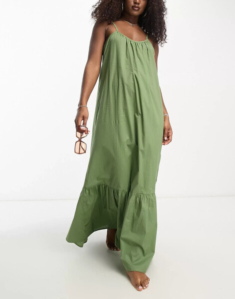 ASOS DESIGN drop hem cami maxi beach dress in khaki