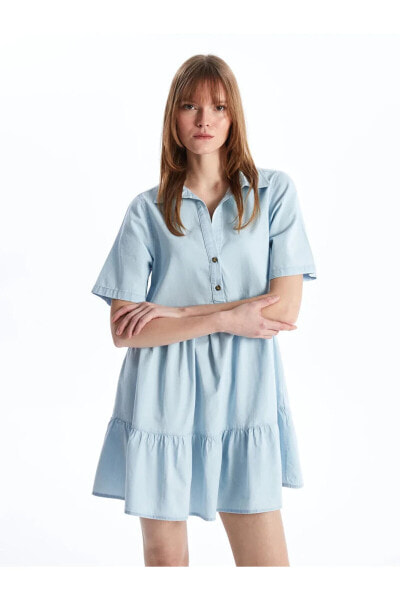 XSIDE Gömlek Yaka Düz Kısa Kollu Kadın Jean Elbise