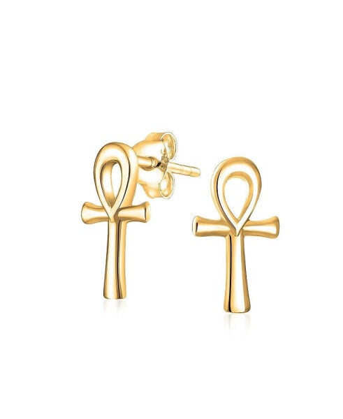 Minimalist Petite Delicate Religious Symbol of Life Egyptian Ankh Cross Stud Earrings For Women For Men 14k Gold 2.5 Microns Vermeil Sterling Silver