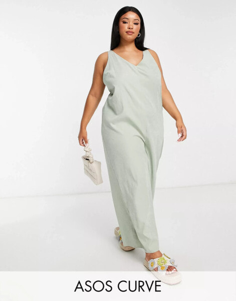 ASOS DESIGN Curve cupro ring back detail dungaree in sage