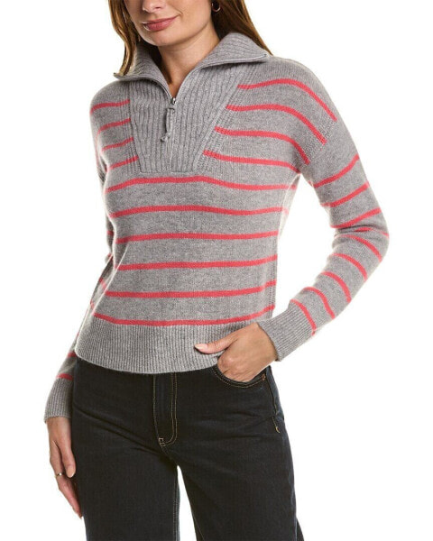 Qi Cashmere Striped Zip Mock Neck Cashmere Sweater Women's Grey Xs