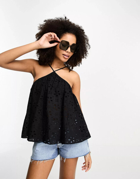 ASOS DESIGN broderie halter trapeze sun top in black