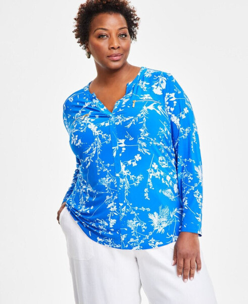 Plus Size Printed Zip-Pocket Top, Created for Macy's