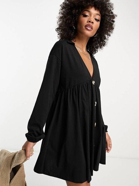 ASOS DESIGN long sleeve mini smock dress with buttons in black 