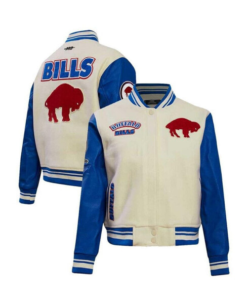 Women's Cream Distressed Buffalo Bills Retro Classic Vintage-Like Full-Zip Varsity Jacket