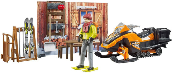 bruder 63102 Bworld Mountain Hut with Snowmobile & Figure 1:16 Snowmobile Skier Winter Toy Theme Set