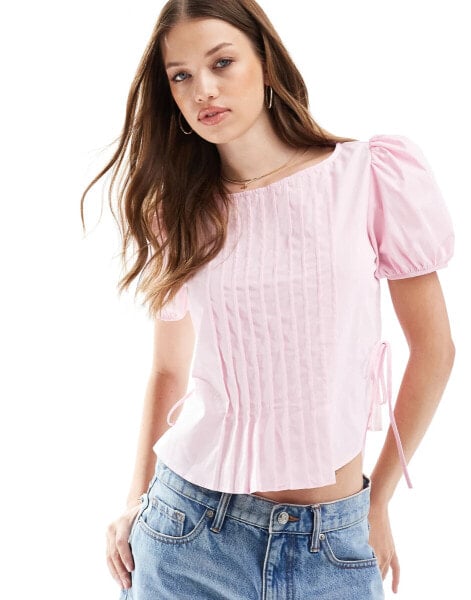 ASOS DESIGN pintuck blouse with puff sleeve in pink