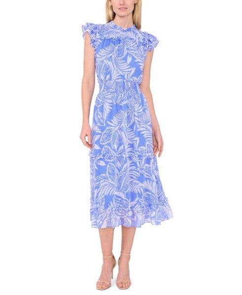 Women's Summer Palm Tree Flutter Sleeve Smocked Waist Midi Dress